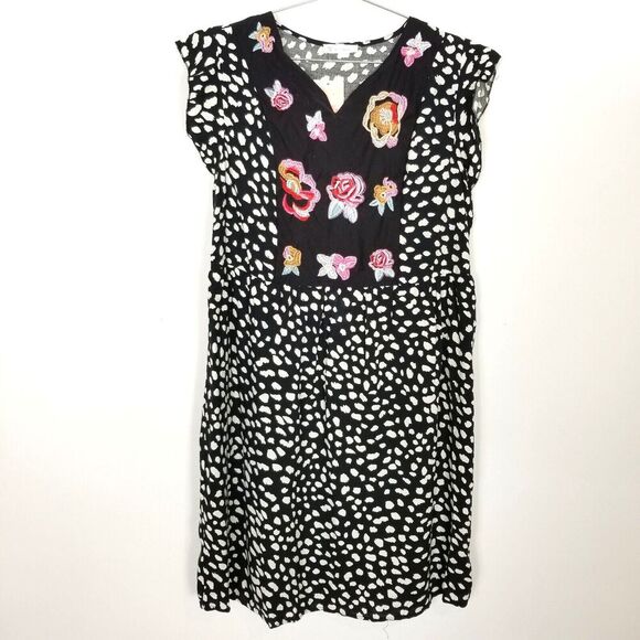KIRUNDO Women Leopard Mini Dress Embroidered Floral Sz L V-Neck Flowy Boho - Picture 1 of 7